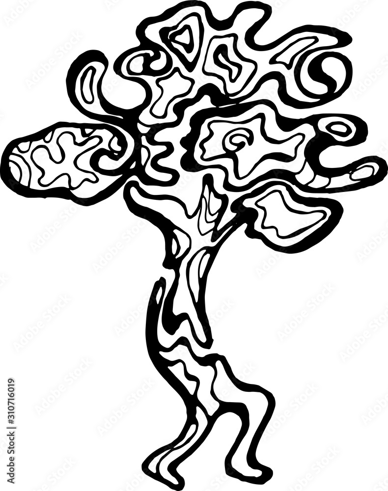 Illustration of a running tree with a spiral ornament. The roots of the feet. Illustration of a running tree with a spiral ornament. The roots of the feet.