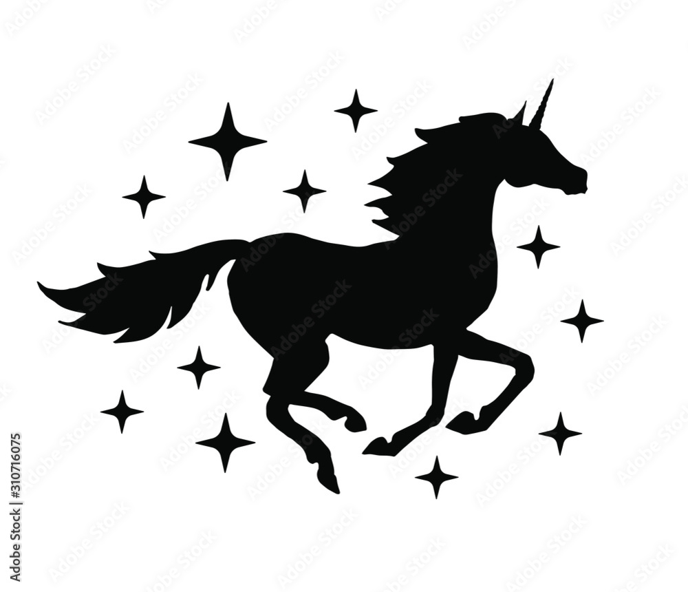 Fototapeta premium Vector black unicorn silhouette with stars isolated on white background