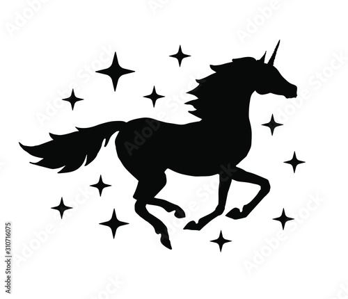 Vector black unicorn silhouette with stars isolated on white background