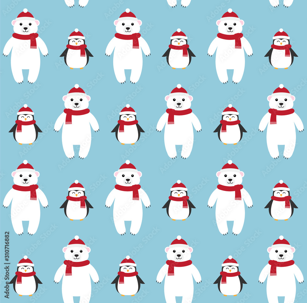 Vector seamless pattern of flat cartoon polar bear and penguin in hat and scarf isolated on blue background Vector seamless pattern of flat cartoon polar bear and penguin in hat and scarf isolated on blue background