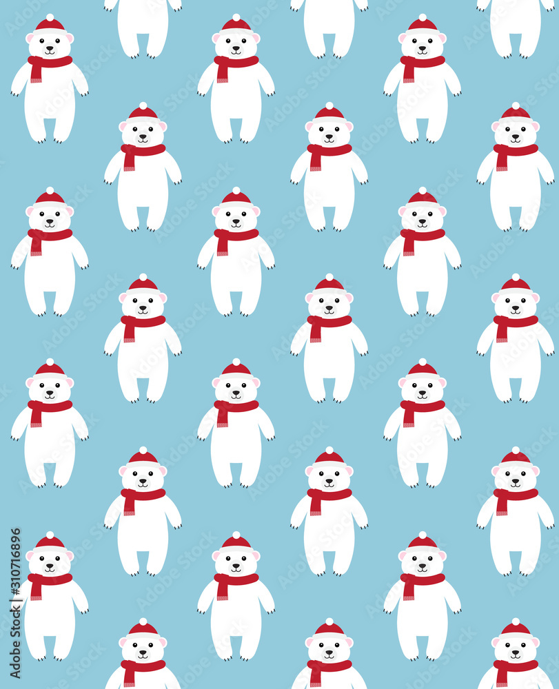 Vector seamless pattern of flat cartoon white polar bear in hat and scarf standing isolated on blue background