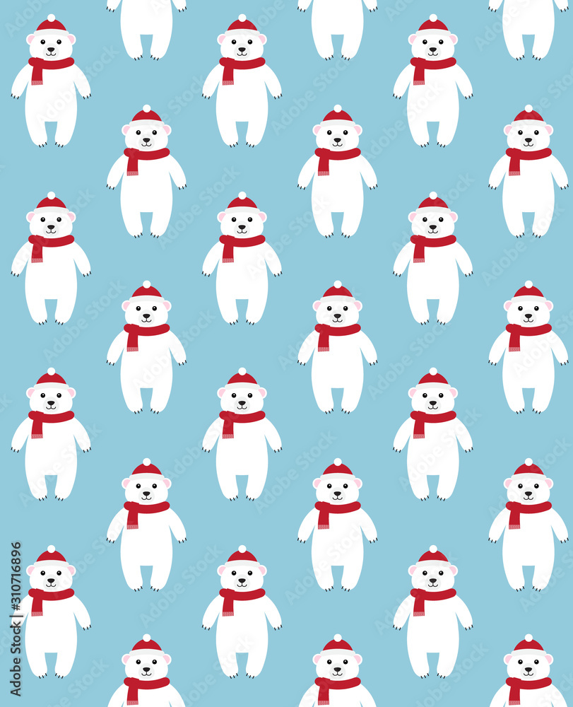 Vector seamless pattern of flat cartoon white polar bear in hat and scarf standing isolated on blue background Vector seamless pattern of flat cartoon white polar bear in hat and scarf standing isolated on blue background
