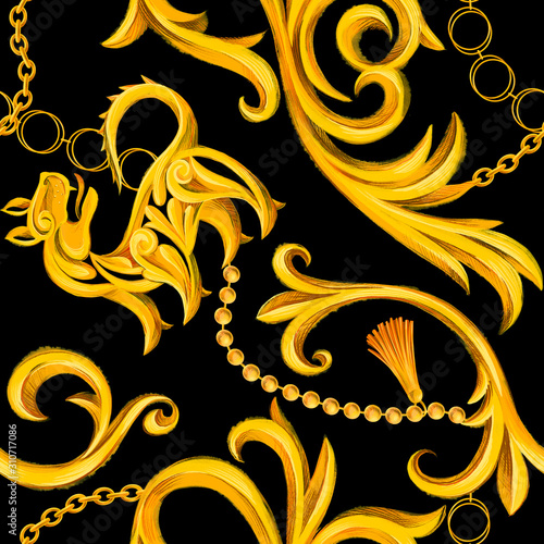 Luxury seamless pattern with golden lion and Baroque elements. Chain, border, accessories and jewelry. Victorian, Rococo, Baroque style background.