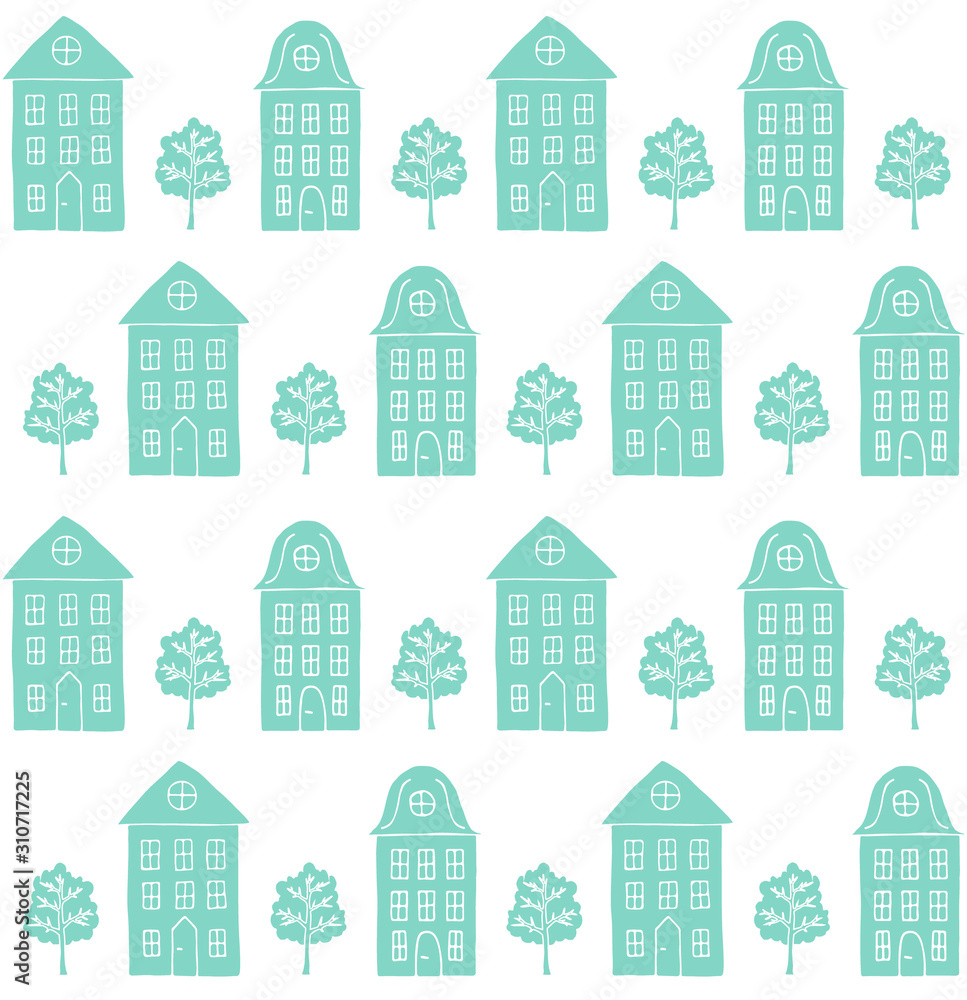 Vector seamless pattern of mint hand drawn doodle sketch Scandinavian city house and trees  isolated on white background