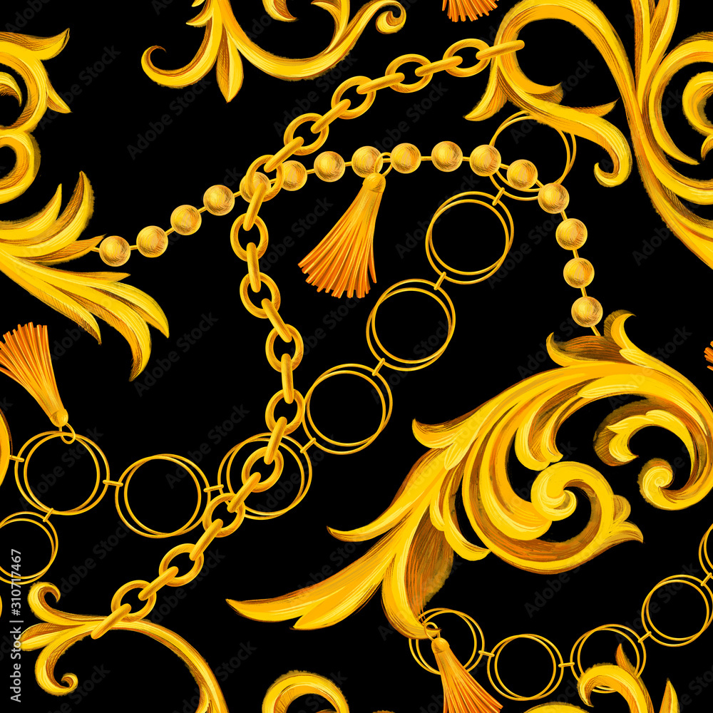 Fashion seamless pattern with golden chains. Fabric design background with  chain, accessories, Jewelry and Baroque elements. Trendy Luxury  illustration for textile, prints, wallpapers, wrapping. Stock-Illustration  | Adobe Stock