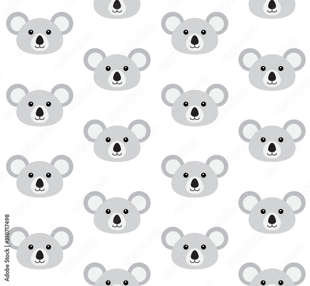 Vector  seamless pattern of flat cartoon koala face isolated on white background