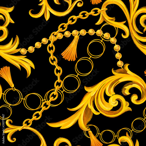 Fashion seamless pattern with golden chains. Fabric design background with chain, accessories, Jewelry and Baroque elements. Trendy Luxury illustration for textile, prints, wallpapers, wrapping. photo
