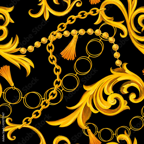 Fashion seamless pattern with golden chains. Fabric design background with chain, accessories, Jewelry and Baroque elements. Trendy Luxury illustration for textile, prints, wallpapers, wrapping.