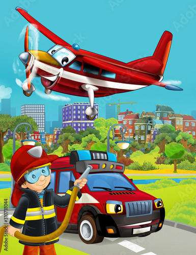 cartoon scene with fireman vehicle on the road - illustration for children