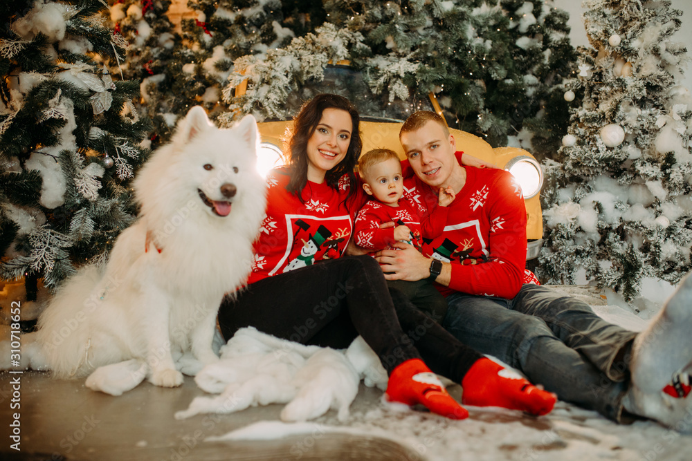 Family with little son sits next to dog against background of Christmas tree and retro car. Family with little son sits next to dog against background of Christmas tree and retro car.