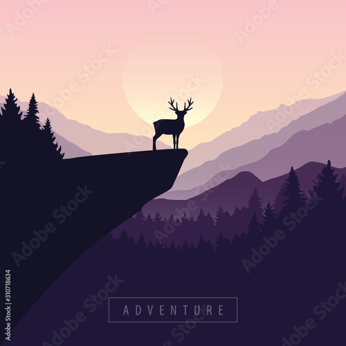 wildlife adventure elk in the wilderness at sunset on a cliff vector illustration EPS10