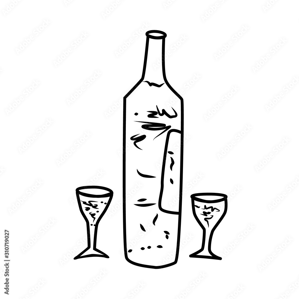 Wine bottle line icon isolated on white background. Alcohol drink symbol or logo. Glass bottle and two wine glass. Black and white drawing sketch. Hand drawn design. Stock vector illustration. Wine bottle line icon isolated on white background. Alcohol drink symbol or logo. Glass bottle and two wine glass. Black and white drawing sketch. Hand drawn design. Stock vector illustration.