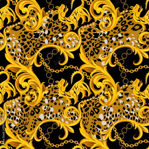 Golden baroque ornament design with leopard skin texture. Animal fur seamless pattern for textile print.