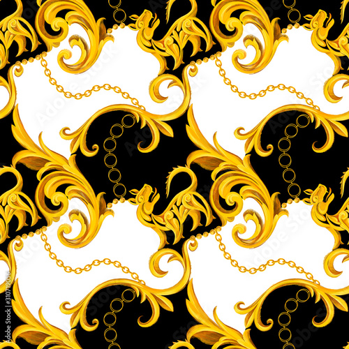 Fashion seamless pattern with golden chains. Fabric design background with chain, accessories, Jewelry and Baroque elements. Trendy Luxury illustration for textile, prints, wallpapers, wrapping.