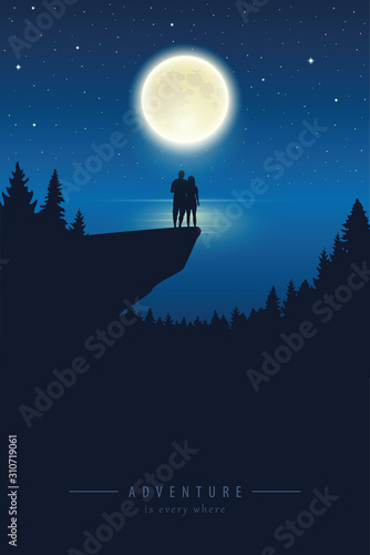 couple on a cliff by the lake with full moon in a starry night vector illustration EPS10