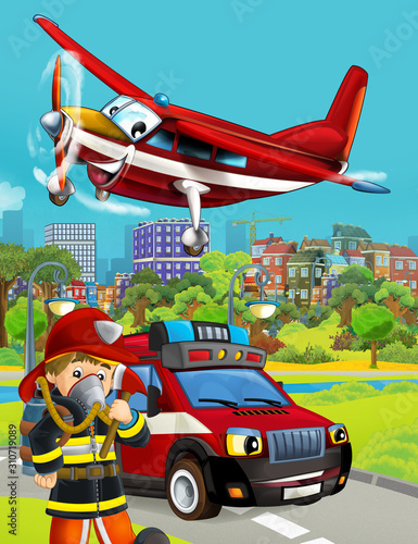 cartoon scene with fireman vehicle on the road - illustration for children