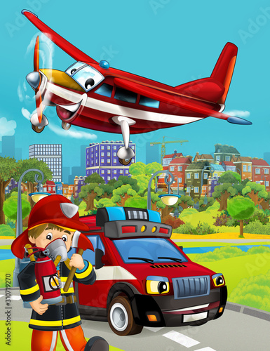 cartoon scene with fireman vehicle on the road - illustration for children