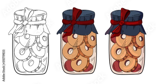 Set of vector banks with cookies. Isolated drawing on a white background. The image can be used for websites, web design, postcards, ladders, wallpapers, prints, print on fabric, shop windows, cafes.