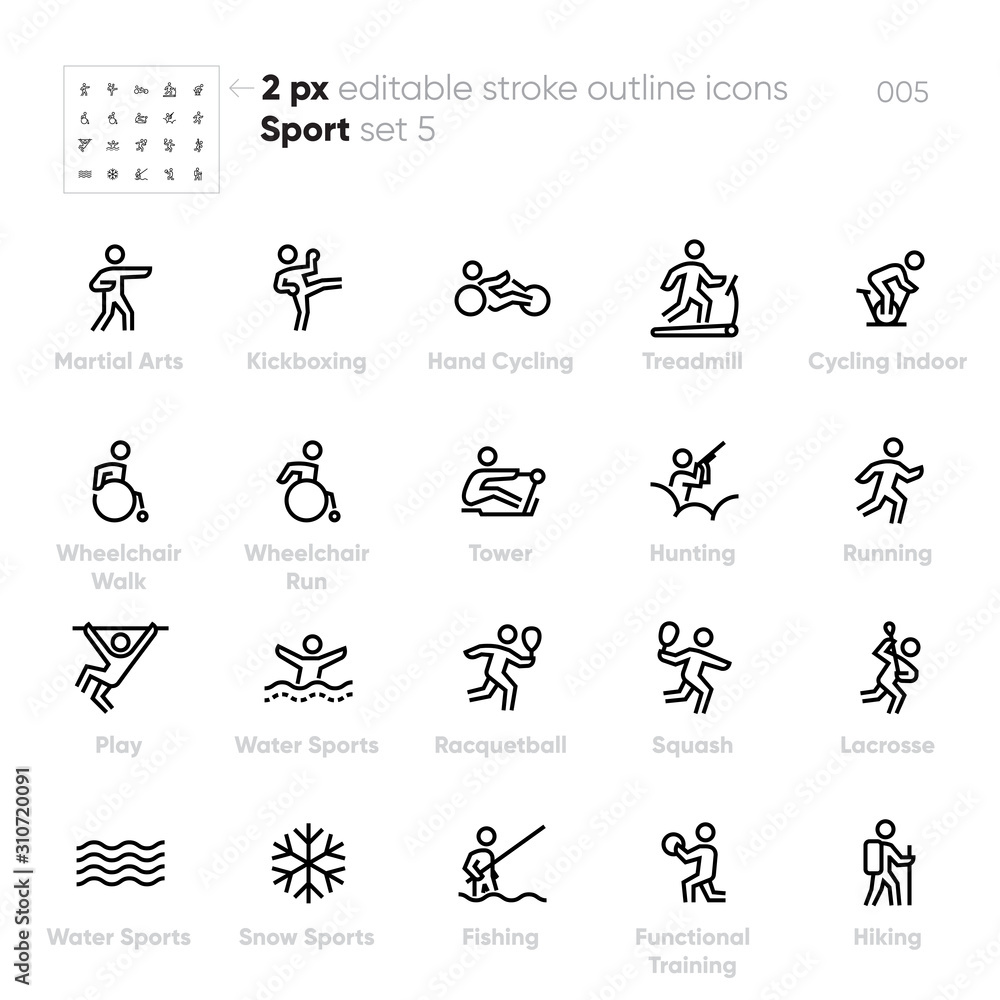 Sport and Activity outline vector icons. Kickboxing, Cycling, Wheelchair Walk, Run, Racquetball, Squash, Lacrosse, Hiking.