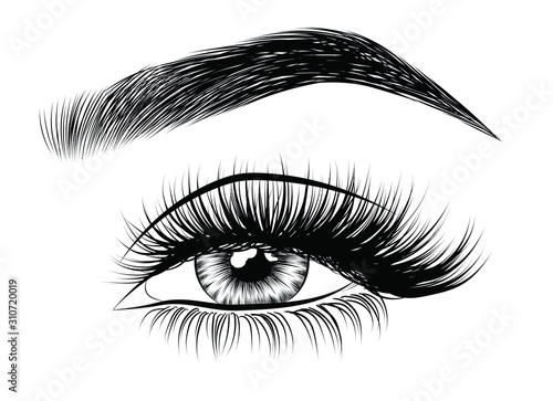  Fashion illustration of the eye with long full lashes. Hand drawn vector idea for business visit cards, templates, web, salon banners,brochures. Natural eyebrows and modern makeup
