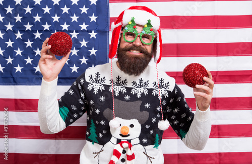 American tradition. Santa Claus. Cheerful mood. Christmas tradition from USA. Xmas and new year. Tradition of patriotism. My country and tradition. Decor and accessory. Man wear knitted sweater © be free
