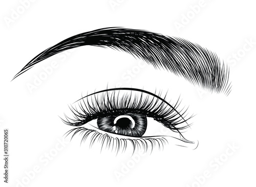  Fashion illustration of the eye with long full lashes. Hand drawn vector idea for business visit cards, templates, web, salon banners,brochures. Natural eyebrows and modern makeup