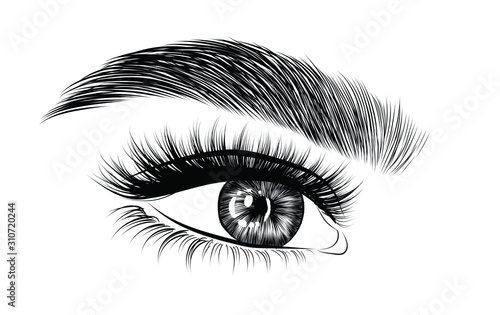  Fashion illustration of the eye with long full lashes. Hand drawn vector idea for business visit cards, templates, web, salon banners,brochures. Natural eyebrows and modern makeup