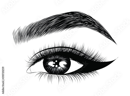  Fashion illustration of the eye with long full lashes. Hand drawn vector idea for business visit cards, templates, web, salon banners,brochures. Natural eyebrows and modern makeup