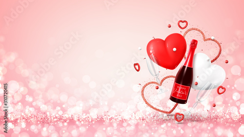 Happy Valentine's Day greeting banner. Vector illustration with champagne bottle, glasses, gift box, air balloons and red hearts on white background. Holiday gift card.