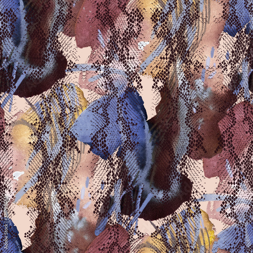 Snake skin pattern animal leather seamless print. Decorative snake ornament on abstract watercolor  background. Trendy textile fashion fabric design.