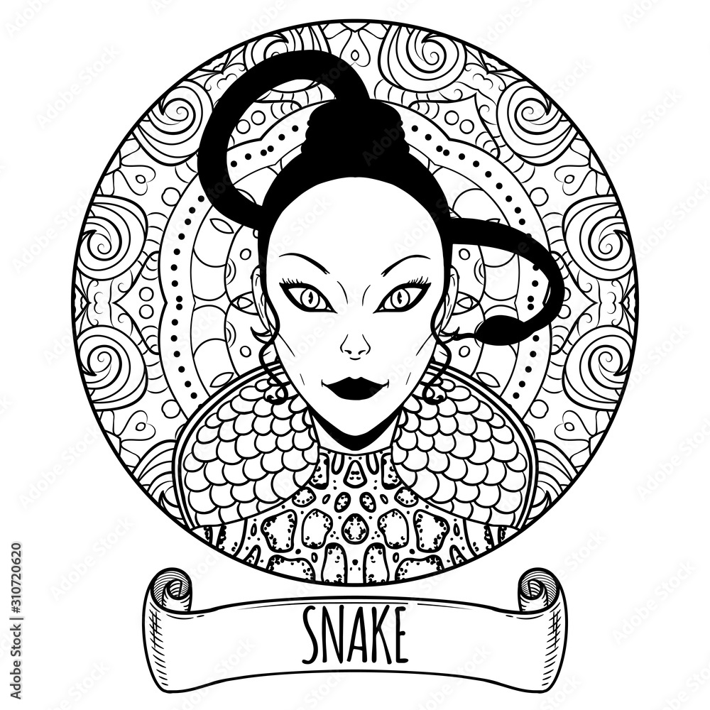 Snake Chinese zodiac sign artwork as beautiful girl, adult coloring book page, vector ...