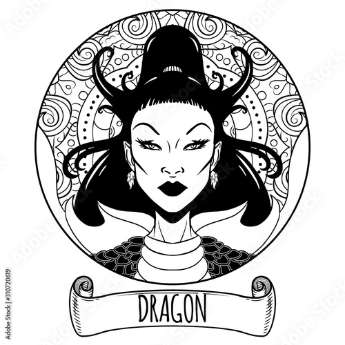 Dragon Chinese zodiac sign artwork as beautiful girl, adult coloring book page, vector illustration