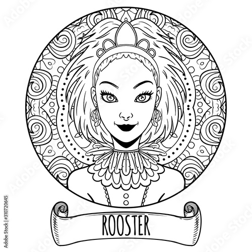 Rooster Chinese zodiac sign artwork as beautiful girl, adult coloring book page, vector illustration