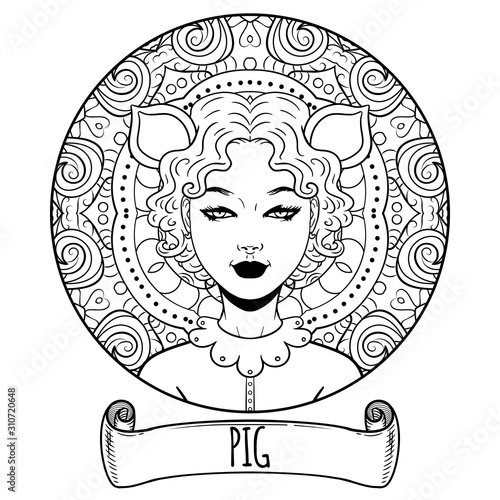 Pig Chinese zodiac sign artwork as beautiful girl, adult coloring book page, vector illustration