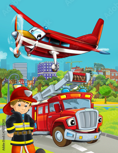 cartoon scene with fireman vehicle on the road - illustration for children