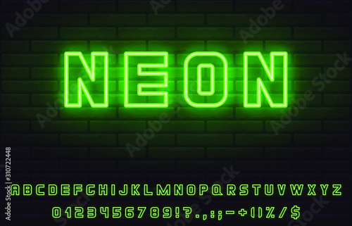 Set of bold green neon font. Letters, numerals, signs, icons with transparent glow for web design and advertising