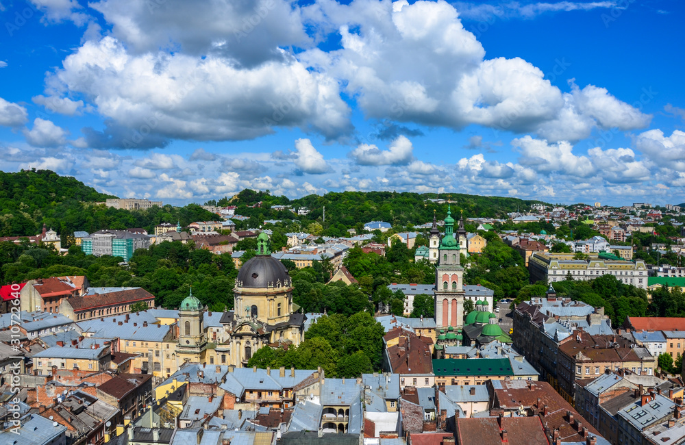 Beautiful view of the Dominican Cathedral, the Assumption Church and the historic center of Lviv, Ukraine
