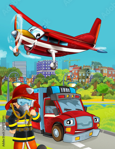 cartoon scene with fireman vehicle on the road - illustration for children