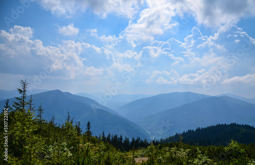 Beautiful view of the summer blue mountains. Carpathians. Ukraine
