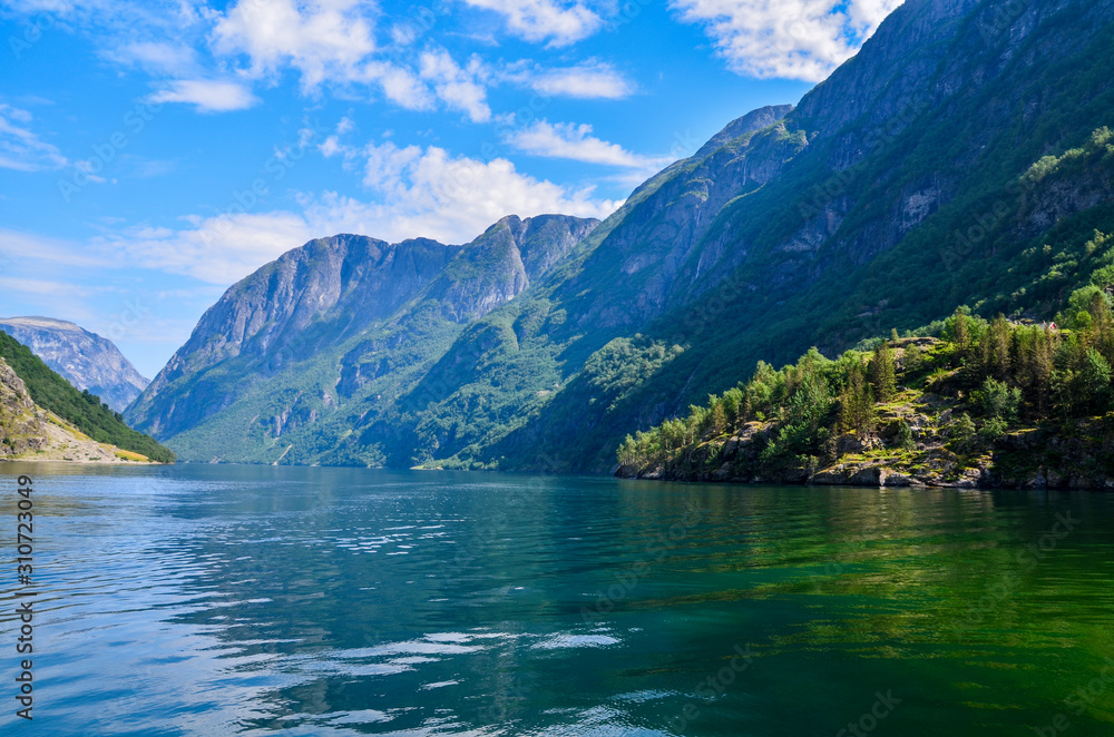 View of the Sognefjord from the pier of Gudvangen. Norway, Europe.