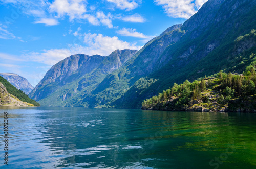 View of the Sognefjord from the pier of Gudvangen. Norway, Europe.