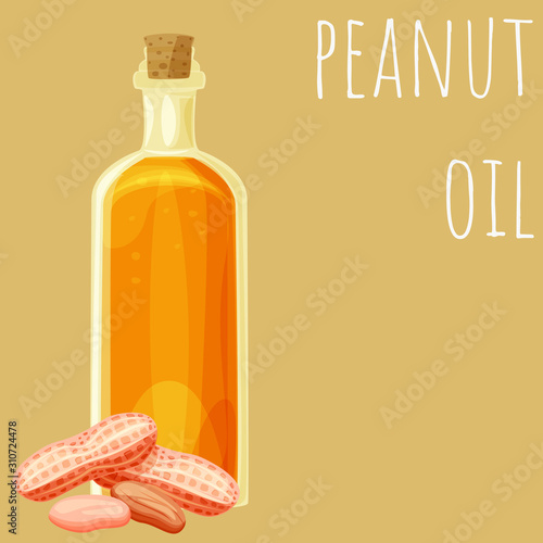 Peanut oil bottle vector illustration, isolated on colored background, cartoon style oil type clip-art.