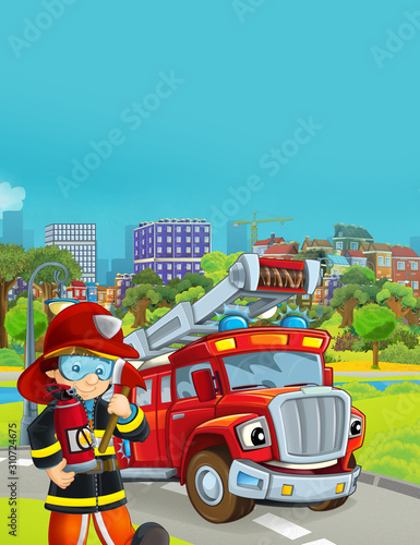 cartoon scene with fireman vehicle on the road - illustration for children