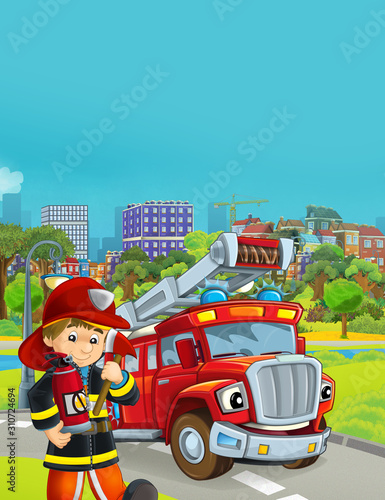 cartoon scene with fireman vehicle on the road - illustration for children