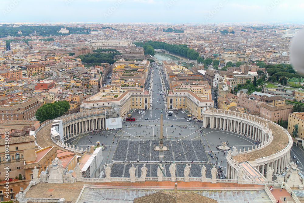 Areal view of Rome Italy, beautiful old city full of historical amazing buildings, cathedrals and bridges. Shot from the roof of St. Peter's Basilica in the Vatican City