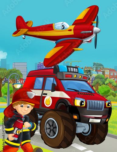 cartoon scene with fireman vehicle on the road - illustration for children