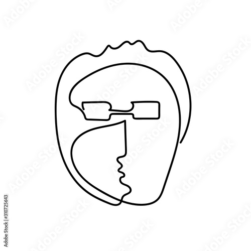 Outline man Face drawn by a continuous line isolated on a white background. Line art portrait of a man with stylish haircut and glasses. Minimalist graphic vector illustration of a character young man