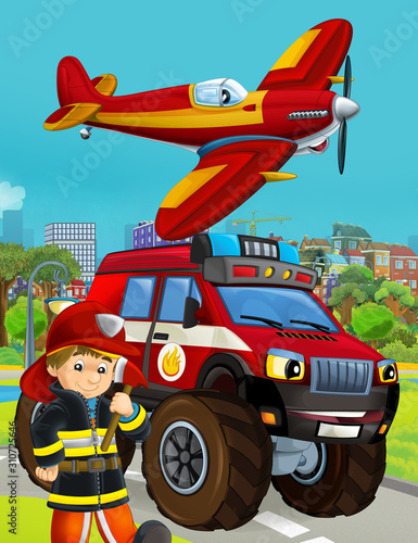 cartoon scene with fireman vehicle on the road - illustration for children