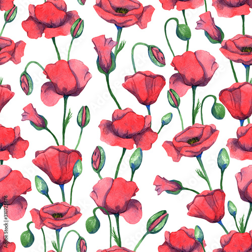 Watercolor red poppy pattern. Seamless pattern with wildflowers. Summer floral background. Hand painted watercolor  flowers illustration.