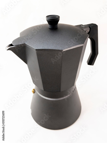 Real grey classic italian coffee pot on white background